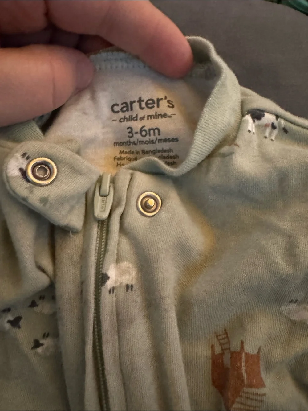 Multiples Sage Green Farm Animal Zip Footed One-Piece